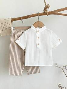 SHEIN 2pcs Babyboy Cute Casual College Style Grey Collared Shirt And Striped Elastic Waist Pants Set, Suitable For Birthday Party, Evening Party, Wedding, Baby Shower, Christening And 1st Birthday Celebration - White - View 9