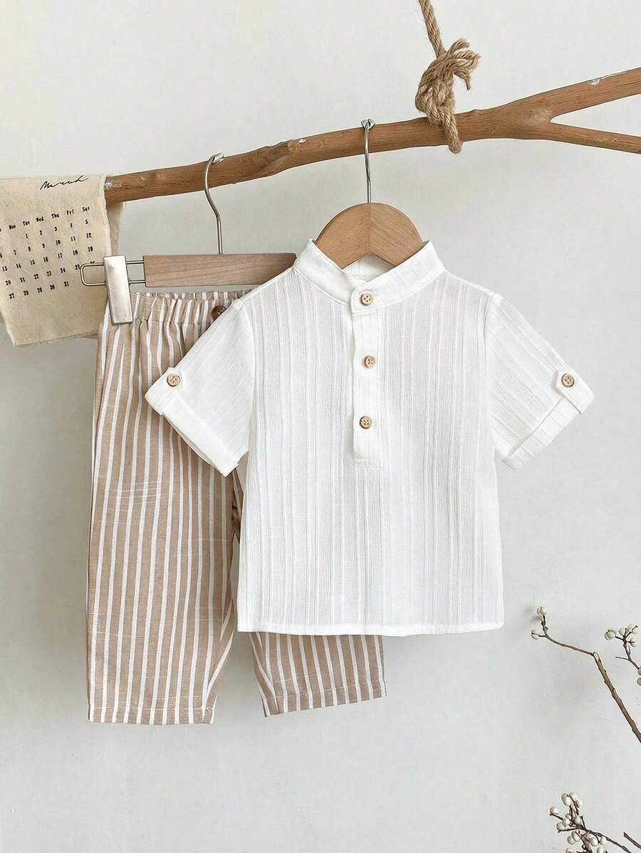 SHEIN 2pcs Babyboy Cute Casual College Style Grey Collared Shirt And Striped Elastic Waist Pants Set, Suitable For Birthday Party, Evening Party, Wedding, Baby Shower, Christening And 1st Birthday Celebration - White - View 1