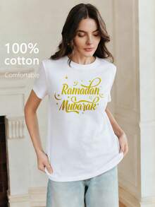 Anewsta Women's Summer Fashion Vacation Beach Festival Casual Versatile Black Short Sleeve Carnival Pattern T-Shirt - White - View 4