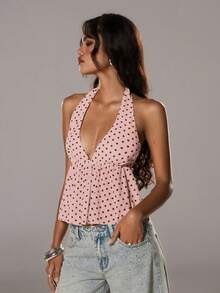 TRNVIE 优雅波点V领露背上衣，女士春夏款 - 粉色 - 查看 3