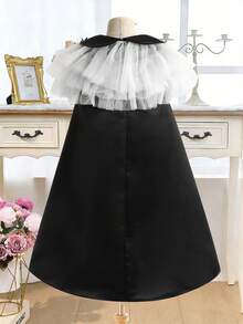 SHEIN Tween Girl Fashionable Elegant Contrast Color Mesh Dress - Black and White - View 2