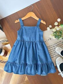 SHEIN Genkimix Kids 1件装少女层叠牛仔荷叶边吊带连衣裙，波西米亚风蓝色连衣裙，春夏度假牛仔连衣裙 - 藍色 - 查看 2