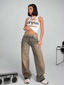 CasuGlow 高腰阔腿牛仔裤，夏季时尚 - 中等水洗藍 - 查看 4