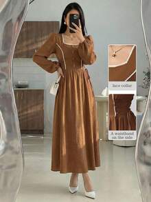 Mulvari Women's Woven Yellow Square Neck Ruffle Tie Waist Button Front Dress - Mocha Brown - View 1