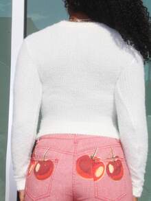 Steph T 女式镂空扭结高领长袖 T 恤，羊毛衬里，秋冬 - 白色 - 查看 2