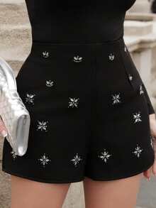 Elenary Edit Women's Black Rhinestone Design Modern Urban Versatile High Waist A-Line Shorts, Business Casual Outfit, Suitable For Valentine's Day, St. Patrick's Day, Easter, Spring Festival, Music Festival, Retro Style - Black - View 3