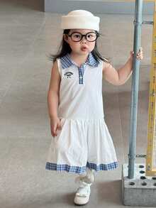 DAZY 女婴翻领格子韩版无袖英文印花休闲夏季连衣裙 - 白色 - 查看 1