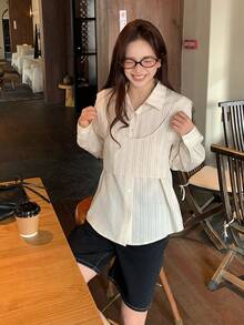 DAZY Women's Striped Lapel Long Sleeve 2 Pieces Shirt Set, Spring/Summer - Apricot - View 4