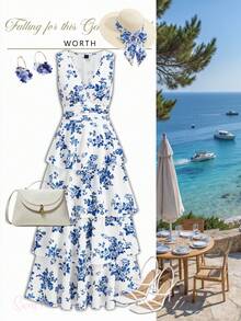 Ellevyn 优雅女士V领多层荷叶边A字连衣裙，适合度假、派对、晚宴、婚礼宾客、精致职业装、约会等场合。 - 藍白色 - 查看 10