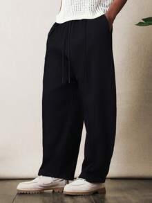 SUMWON Relaxed Fit Tapered Linen Feel Look Pull On Drawstring Waist Casual Pants For Everyday Comfort - Black - View 3