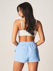 MISSGUIDED Calzoncillos tipo bóxer de algodón cómodos con estampado a cuadros y detalles de encaje delicado en los bordes - Azul - Ver 2