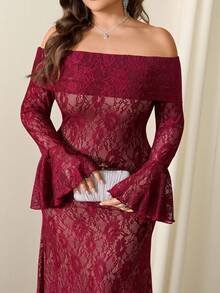 Firerie Plus Size Elegant Wedding Nude Contrast Lining Off Shoulder Lace Dress,Women's Autumn Casual Vacation Party High-Low Hem Ruffle Sleeve Long Dress - Burgundy - View 5