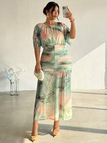 Firerie Vestido de manga larga con estampado abstracto verde para mujer de talla grande, elegante, minimalista, romántico, para el Día de San Patricio, vacaciones, fiestas y uso diario, primavera/verano - Multicolor - Ver 5