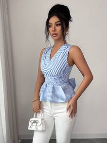 Rafferiza Top sin mangas elegante y de moda con escote en V, lazo y espalda descubierta para mujer, primavera/verano - Azul y blanco - Ver 3