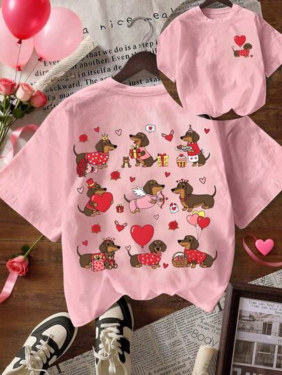 Camiseta familiar de cuello redondo de manga corta holgada con estampado de perro salchicha y corazón de estilo casual para mujer, ideal para uso diario en primavera y verano