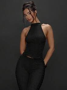 MUSERA Blusa sin mangas con cuello plisado y espalda descubierta de unicolor para mujer - Negro - Ver 5