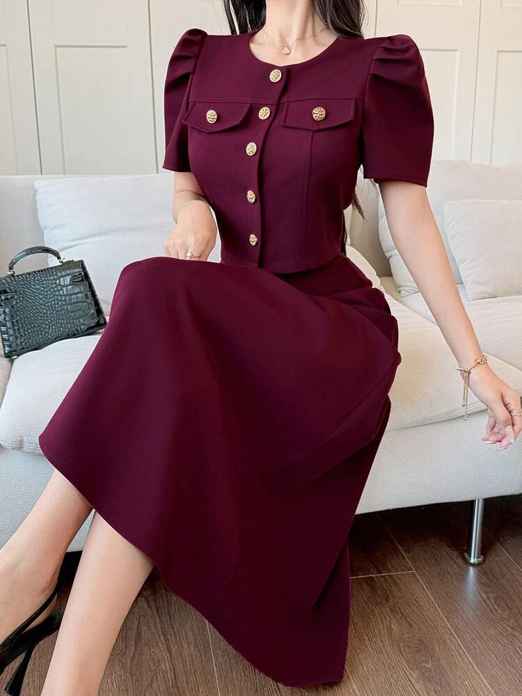 Women's Elegant Solid Color Textured Round Neck Puff Sleeve Faux Pocket Shirt And A-Line Skirt 2 Pieces Set, Summer
