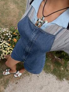 DAZY Women's Summer Backless Criss-Cross Strap Casual Denim Bib Shorts - Medium Wash - View 5