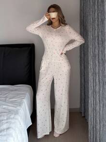 DAZY 3件套甜美碎花全印花开衫、吊带背心和裤子女士睡衣套装 - 白色 - 查看 8