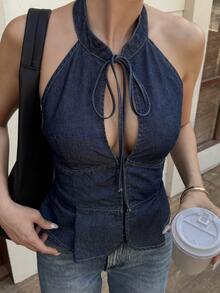 DAZY 女士夏季露背系带无袖休闲牛仔短款上衣 - 深色水洗藍 - 查看 2