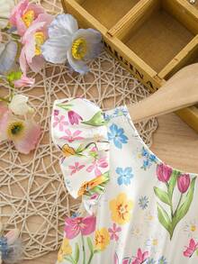 Babygirl Cute Sweet Floral Pattern Bowknot Cap Sleeve Dress - Yellow - View 3