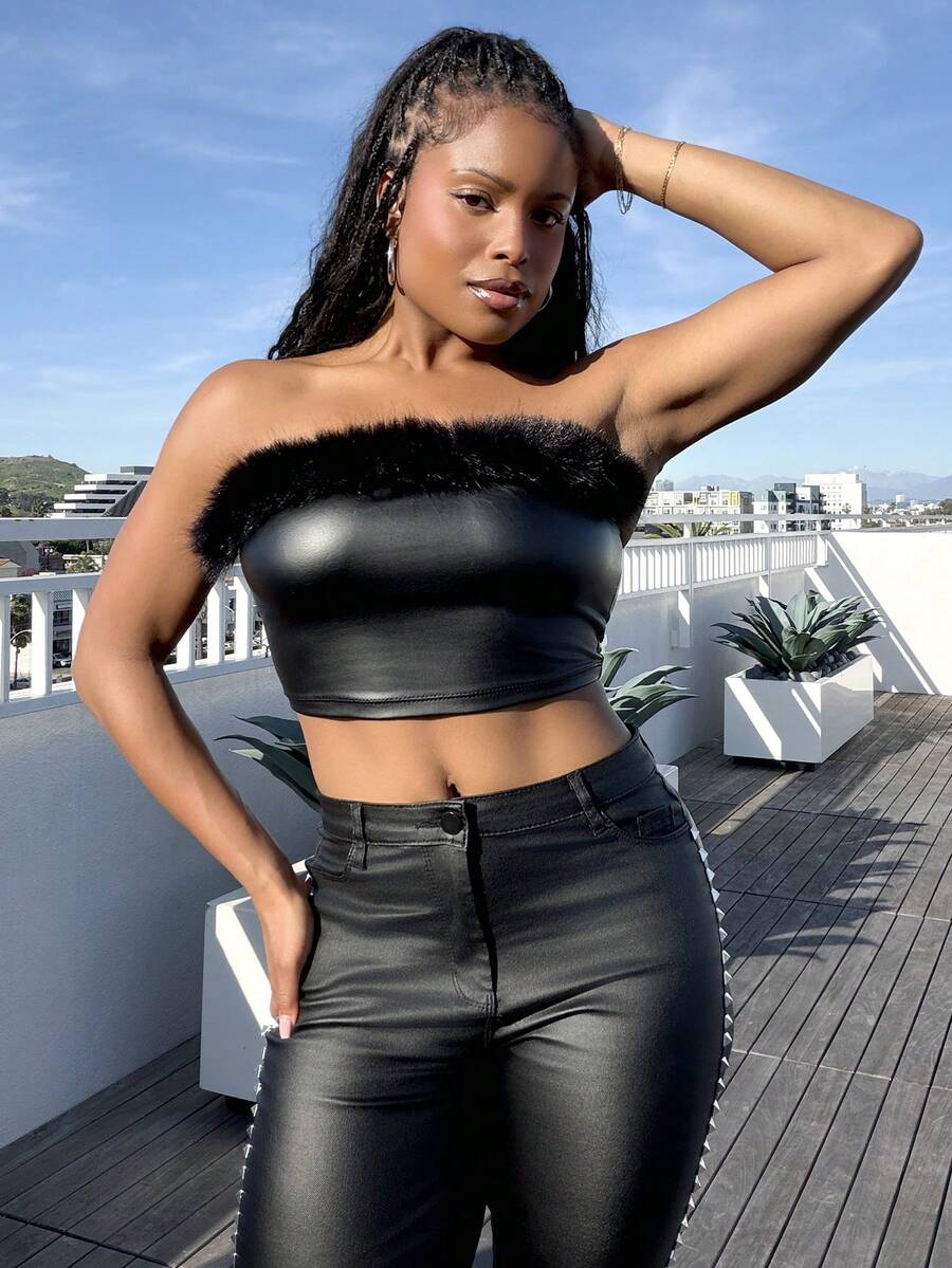 Tyla Gomez Fuzzy Trim PU Leather Tube Going Out Black Top - Black - View 1