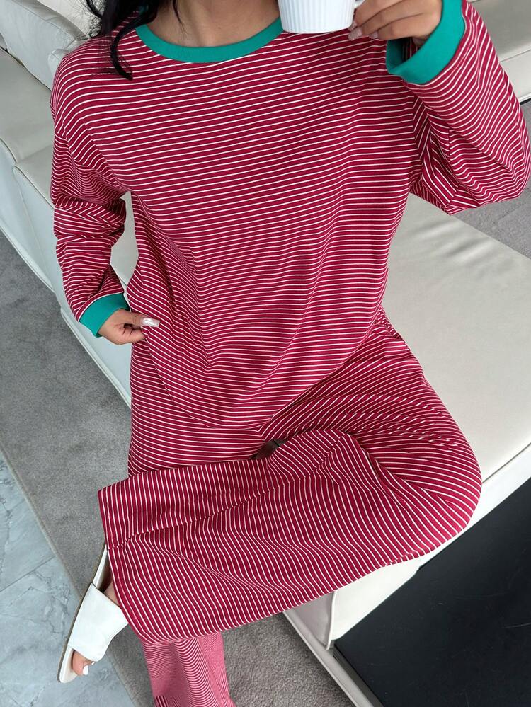 Dazy Plus Color Block Striped Loose Fit Long Sleeve Top And Long Pants Sleepwear Set, Plus Size Women, Spring/Autumn