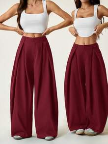 SHEIN Tall Quần dài nữ mùa hè kiểu vintage, phong cách hippie, dáng rộng, màu xanh rêu quân đội. - Màu Đỏ Sâu - Xem 7