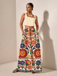 Zivah Estilo de vacaciones casual Conjunto de 2 piezas de top de tirantes finos y pantalones de pierna ancha con bolsillos, con estampado geométrico retro, de tela texturizada, adecuado para vacaciones - Multicolor - Ver 5