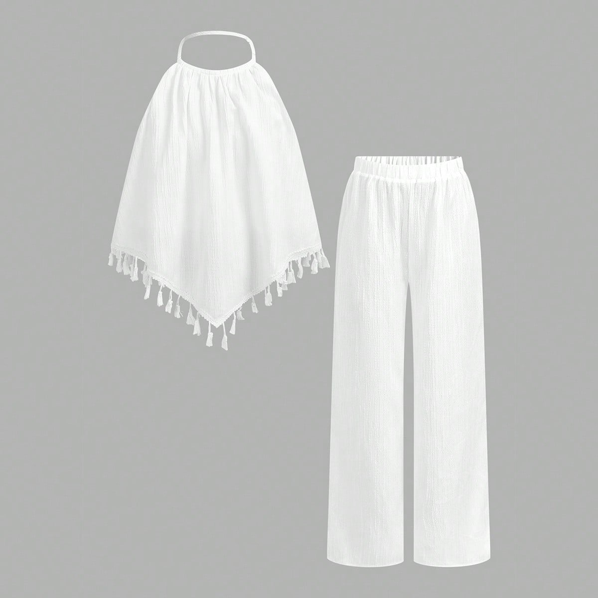 Conjunto de top con halter y dobladillo curvo con flecos y pantalones para niñas preadolescentes, casual y de uso diario para vacaciones