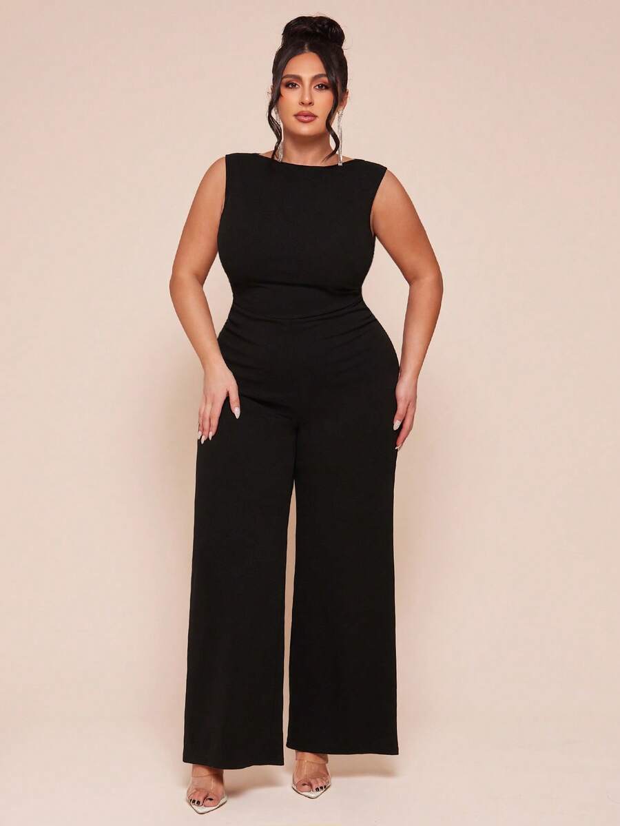 SHEIN BAE 纯色百搭简约褶皱连体裤 - 黑色 - 查看 1