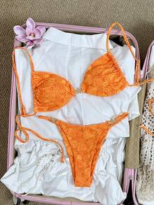 Swim Vcay Conjunto de traje de baño de 2 piezas con top tipo camiseta sin mangas y shorts de baño con estampado digital para mujeres, para uso casual, playa y viajes - Naranja - Ver 1