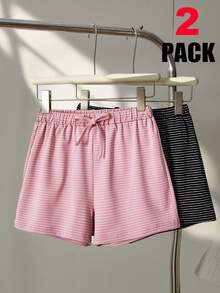 SHEIN Sparklyn Tween Girls' Elastic Waist Knit Striped Casual Loose Shorts, Multi-Pack, Multi-Color - Multicolor - View 4