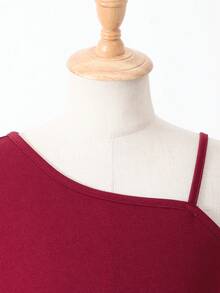 Glamorique Kids Girls' Elegant Wine Red Pearl Puff Sleeve Dress, Spring/Summer Oblique Shoulder Big Bow 3D Floral Hem Dress For Party, Birthday, Banquet - Burgundy - View 5