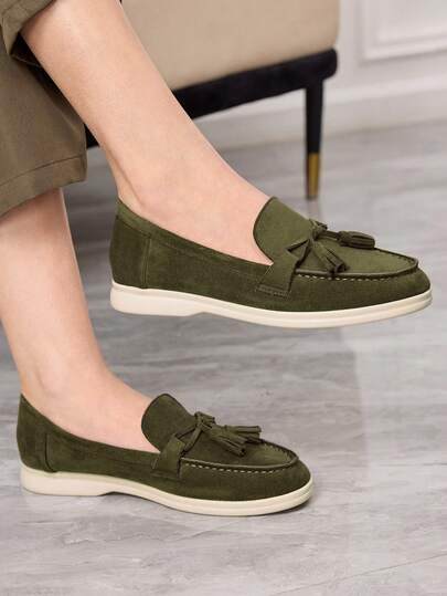 Sleekvia Women's Fashion Olive Green Suede Bow Tassel Design Comfortable Casual Loafers, Suitable For Commuting, Outdoor, Travel, Shopping, Work, Daily Wear