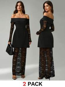 SHEIN Tall Women's Open Shoulder Lace Dress & Skirt 2 Pieces Set Black Off Shoulder Dress, Tall Women - Black - View 2