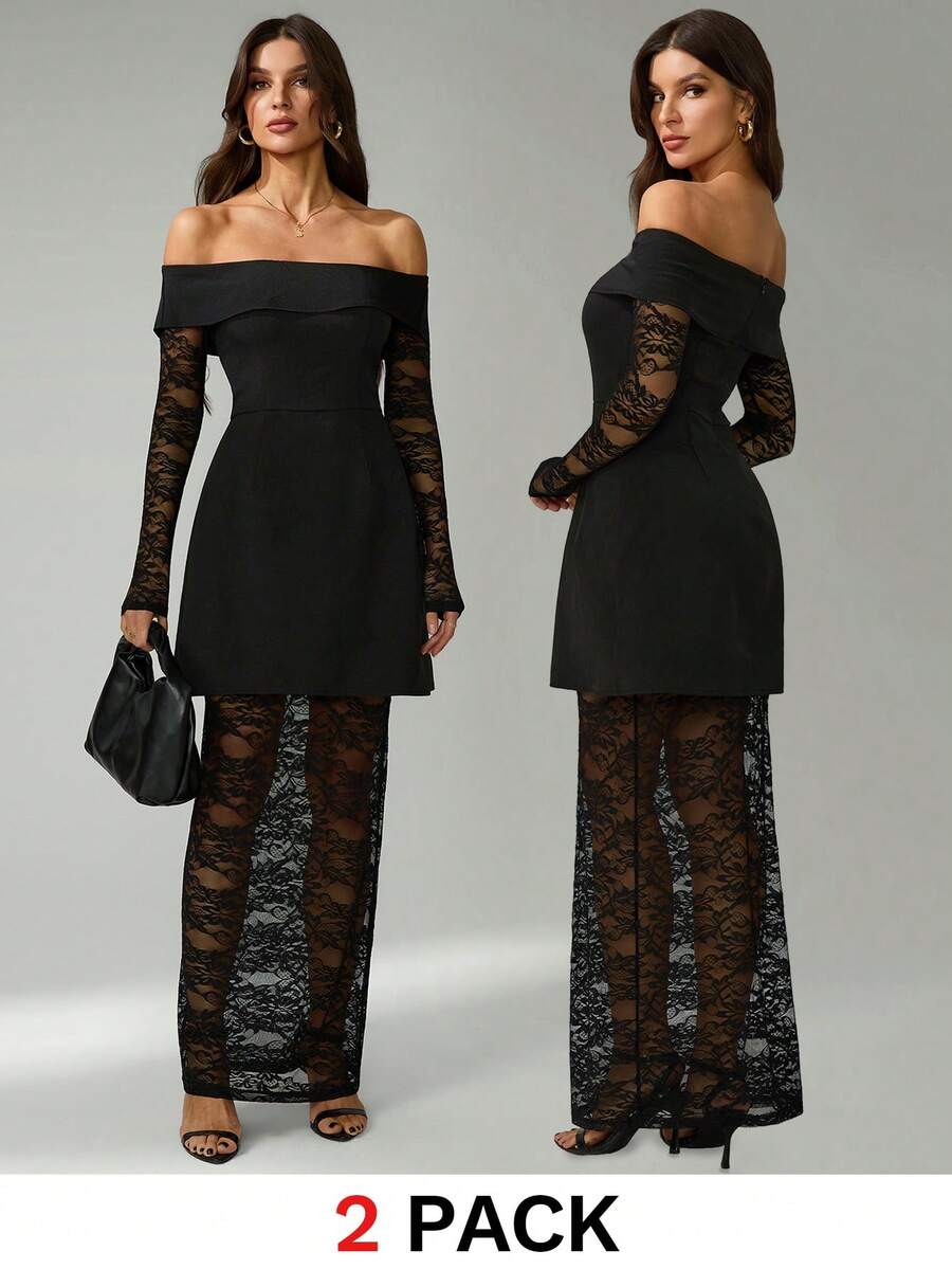 SHEIN Tall Women's Open Shoulder Lace Dress & Skirt 2 Pieces Set Black Off Shoulder Dress, Tall Women