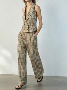 Maija 女士春夏休闲、办公、通勤格纹印花翻领露背吊带背心和西装裤套装 - 彩色 - 查看 2