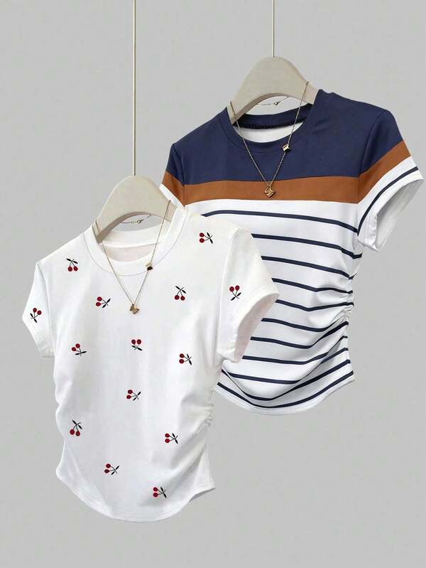 INAWLY Set de 2 camisetas de mujer con cintura ceñida, diseños de estampado de cereza dulce y de rayas clásicas, tops con ajuste estilizante para uso diario, oficina, estudiante
