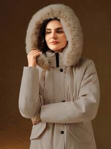 Anewsta 厚实长款蓬松毛领内衬收腰派克大衣，女式冬季夹克 - 米色 - 查看 2