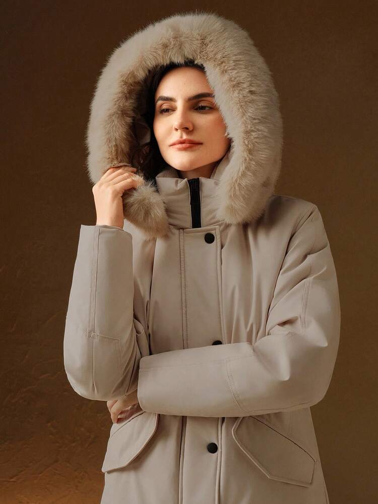 Abrigo parka con cintura ceñida, forro de piel esponjosa y larga, chaqueta de invierno para mujer