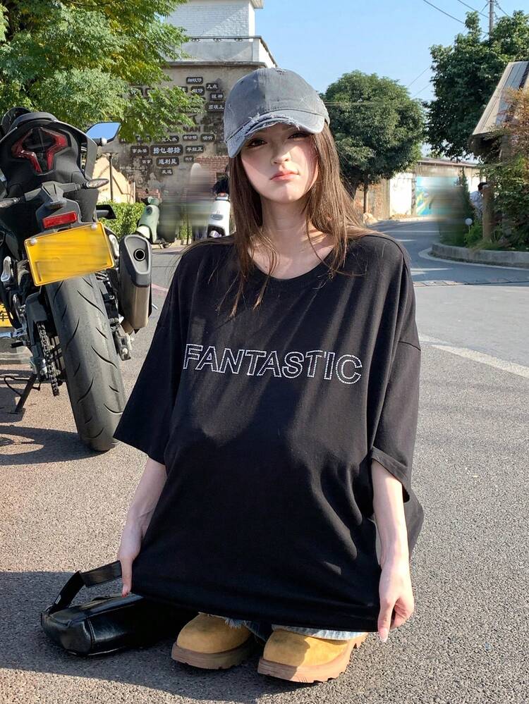 Women's Rhinestone Embellished Korean Style English Letter Short Sleeve Streetwear T-Shirt Graphic Tees Women Oversized