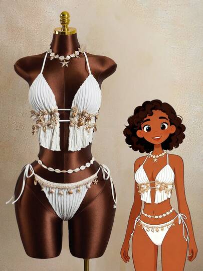 Zestiva 2026 New Plus Size Women 2pcs/Set White Knitted Jacquard Halter Bikini With Drawstring Side Tie Triangle Bottoms Swimsuit