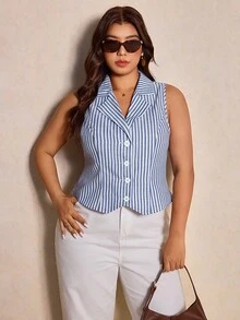 Elaquor 大码女式条纹翻领单排扣休闲百搭通勤背心夏季办公上衣春季女式休闲度假上衣 - 藍色 - 查看 3