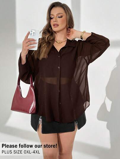 Auralis 大码女装春夏时尚休闲宽松舒适日常黑色透视雪纺长袖纽扣衬衫，防晒衬衫，女士衬衫，女士夏季服装，女士度假服装