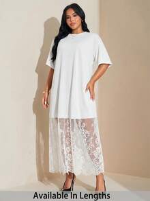 SHEIN Tall CURVE 大码纯色宽松休闲短袖T恤蕾丝连衣裙，时尚百搭，适合外出和通勤。 - 白色 - 查看 1