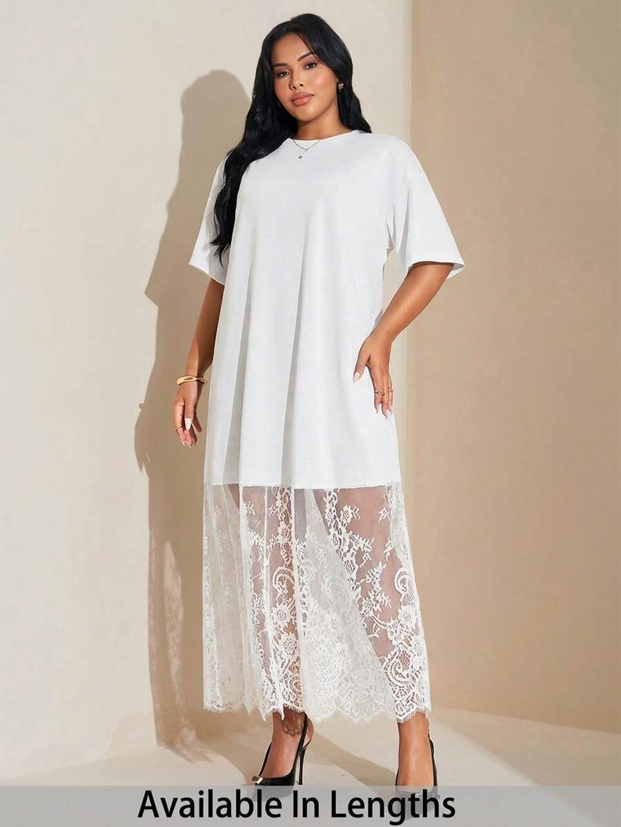 SHEIN Tall CURVE 大码纯色宽松休闲短袖T恤蕾丝连衣裙,时尚百搭,适合外出和通勤。 - 白色 - 查看 1