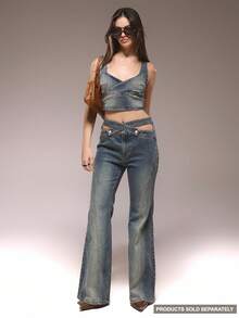 MUSERA Quần jeans ống loe cạp thấp, cạp chéo, chất liệu denim mài, chỉ dành cho mùa đông, phong cách đường phố dễ thương, đi chơi, thường ngày, kiểu phương Tây, bạc màu, thích hợp cho mùa hè. - Màu xanh lam - Xem 1