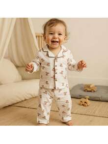 Loomiva Conjunto de 2 piezas de cardigan de punto suave con cuello y pantalones de cintura elástica con estampado de oso de dibujos animados para bebé niño - Caqui - Ver 11