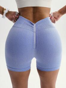 Women's High Waist Seamless Knit Compression Shorts - Blue - View 4